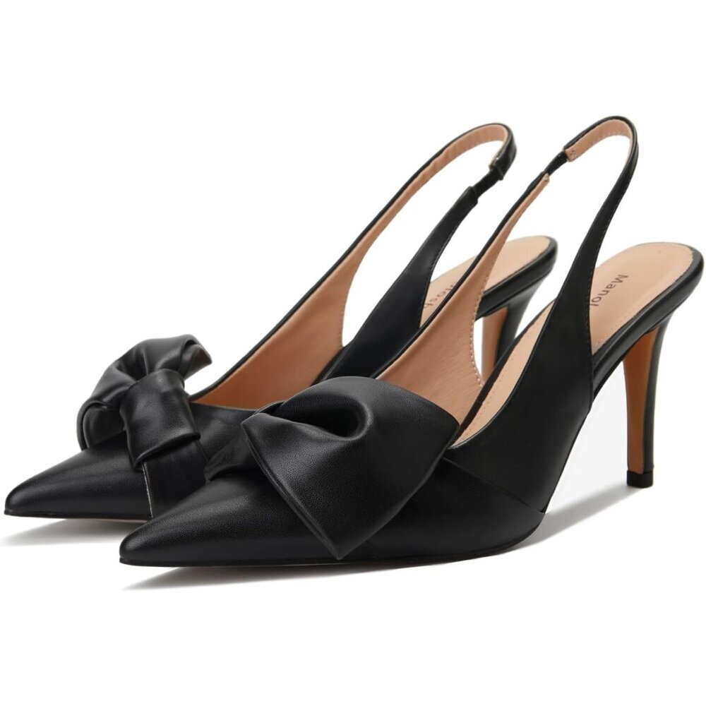 Women's Pu Black Slingback  Elasticated Strap Stylish Comfortable Bow Heel